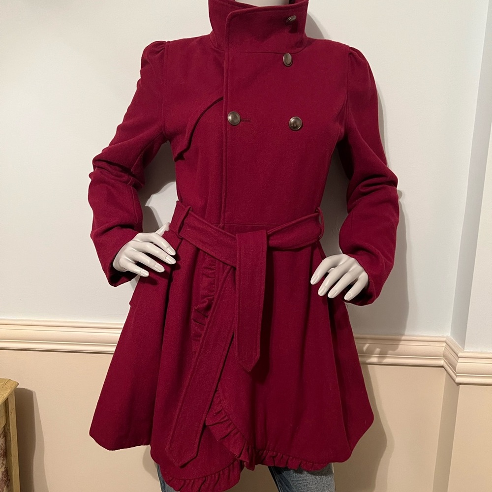 Women’s Wool Coat. Cranberry Color. Military Style with Feminine Ruffles.